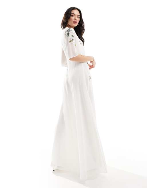 Hope Ivy Bridal flutter sleeve embroidered floral maxi dress in ivory