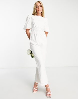 Hope & Ivy - Bridal - Jumpsuit in Elfenbeinweiß mit Puffärmeln und Schleife hinten