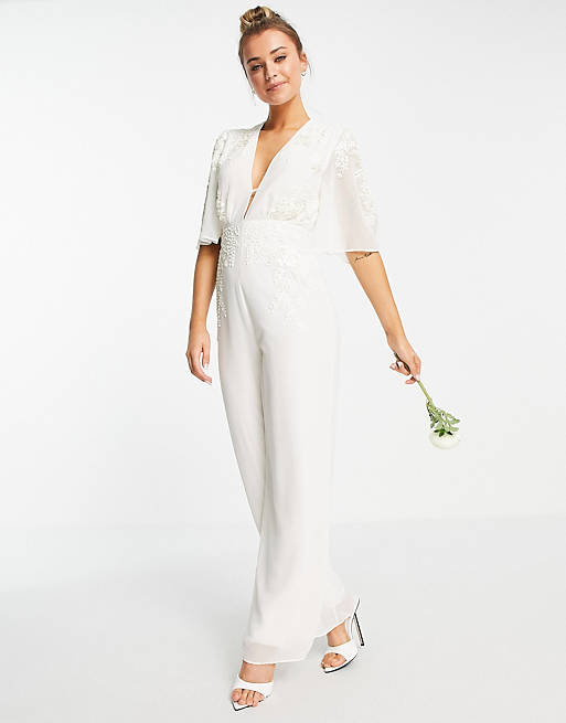 Hope & Ivy Bridal plunge embroidered jumpsuit in ivory