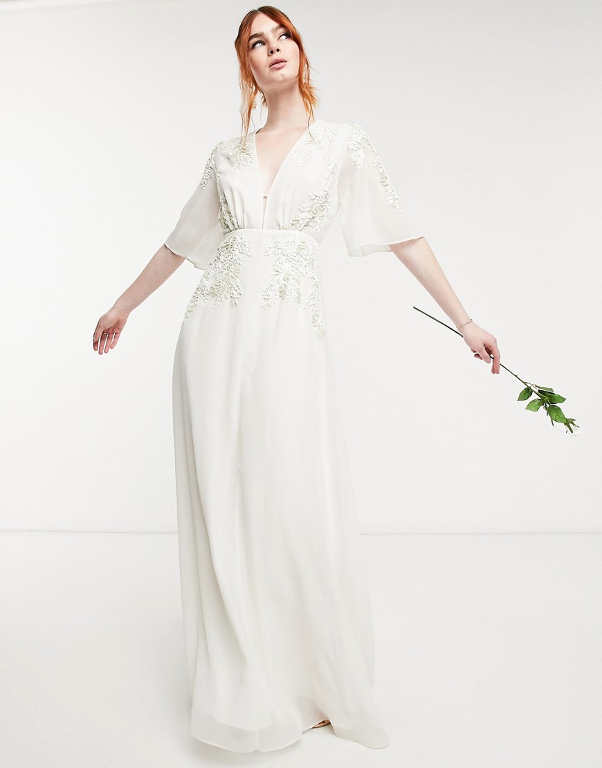 Hope & Ivy Bridal Floral Beaded And Embellished Maxi Dress With Plunge Neck In Ivory-white