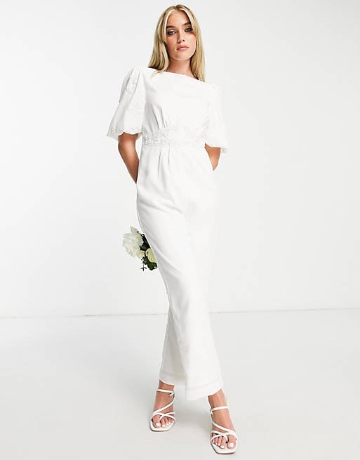 Hope & Ivy Bridal puff sleeve bow back jumpsuit in ivory
