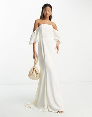 Hope & Ivy Bridal puff sleeve fishtail maxi dress in ivory