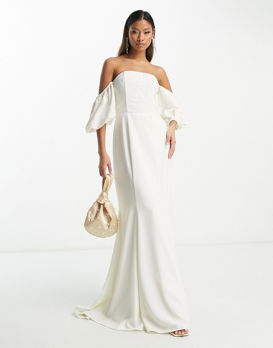 Hope & Ivy Bridal puff sleeve fishtail maxi dress in ivory-White