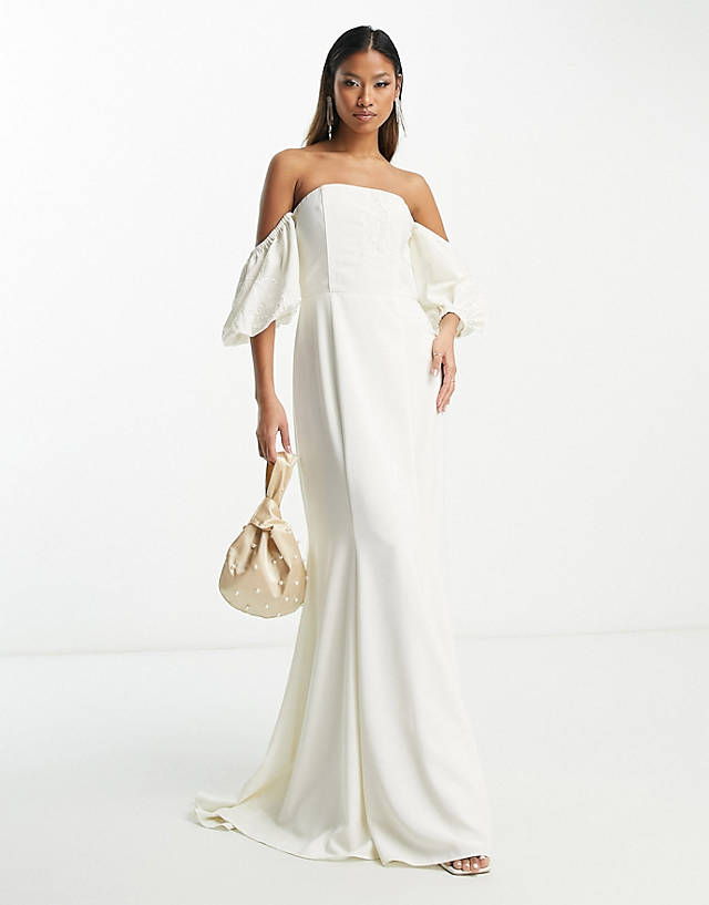Hope & Ivy - bridal puff sleeve fishtail maxi dress in ivory