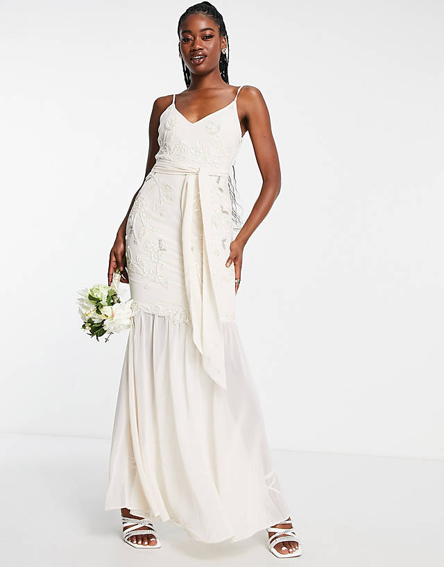 Hope & Ivy - bridal sheer embroidered maxi dress with neck tie in ivory