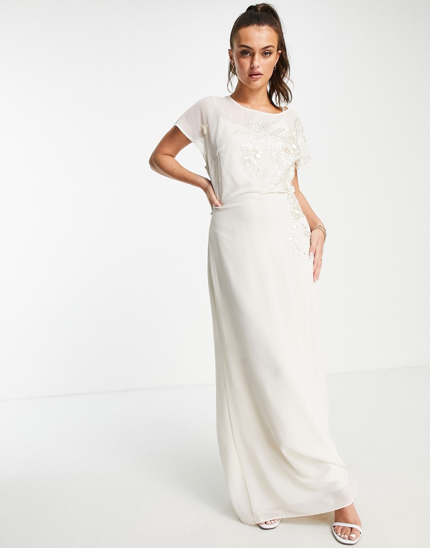 Hope & Ivy Bridal tie back embroidered maxi dress in ivory-White