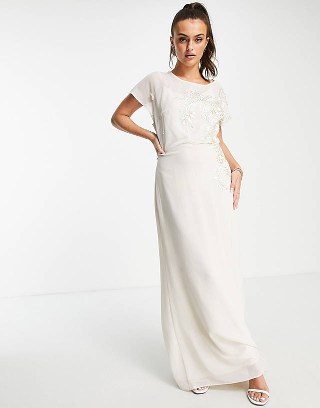Hope & Ivy - bridal tie back embroidered maxi dress in ivory