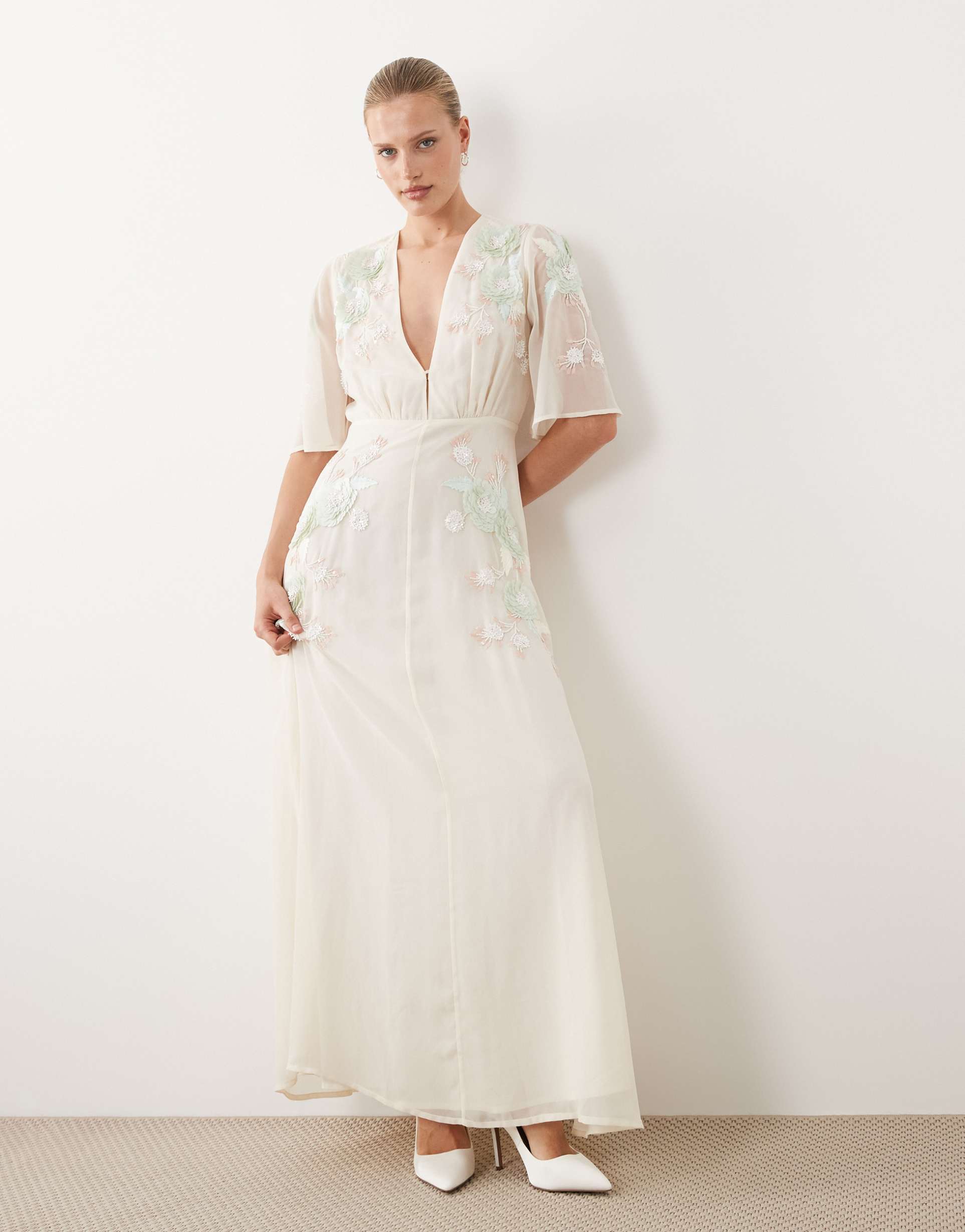 hope & ivy bridal v-neck embellished maxi dress in white