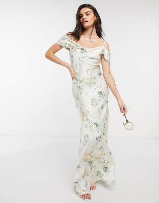 Hope & Ivy bridesmaid cold shoulder cowl neck maxi dress in ivory based floral-Multi