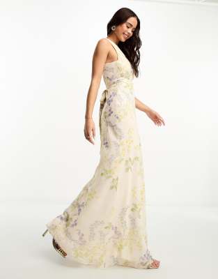 Hope & Ivy Bridesmaid Tie Back Maxi Dress In Ivory Floral-white