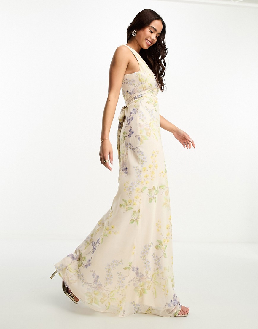 Hope & Ivy Bridesmaid tie back maxi dress in ivory floral-White