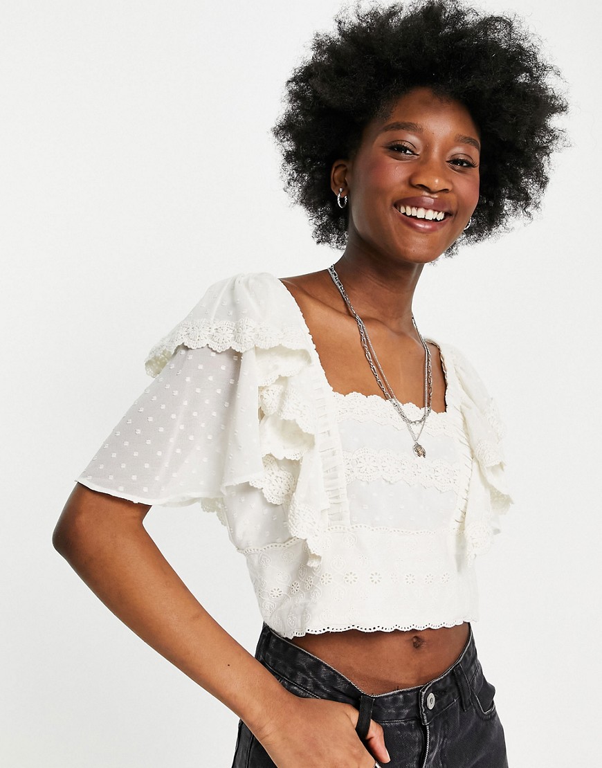 Hope & Ivy broderie frill sleeve crop top in ivory-Multi