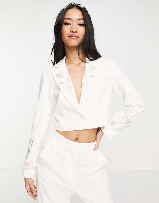 Hope & Ivy - Bruidskleding - Peyton - Crop blazer in ivoorwit, deel van co-ord set