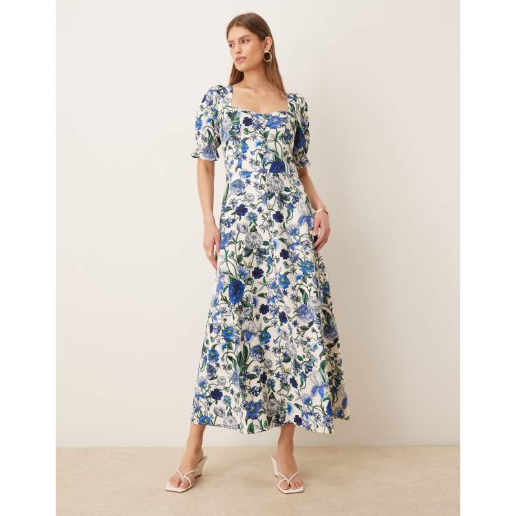 Hope & Ivy button detail split front midi dress in blue floral | ASOS