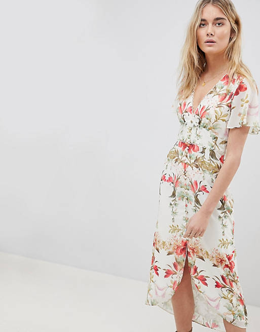 Hope & Ivy Button Front Flutter Sleeve Midi Dress In Mirrored Floral Print