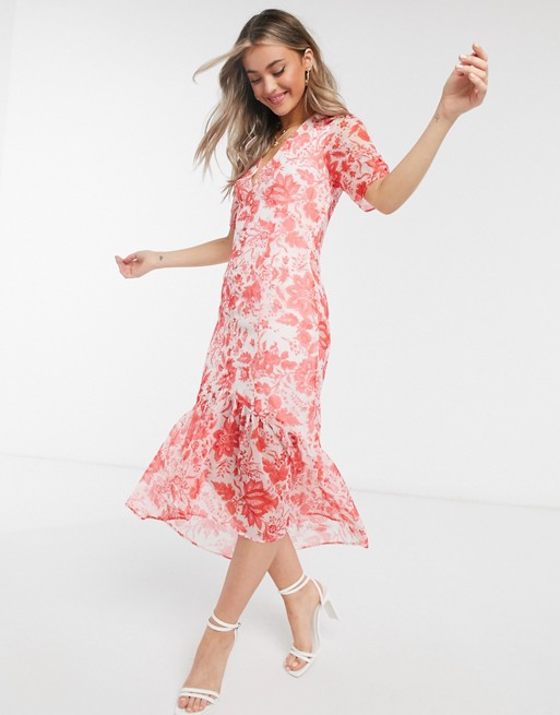Hope & Ivy button front midaxi dress with ruffle hem in red floral