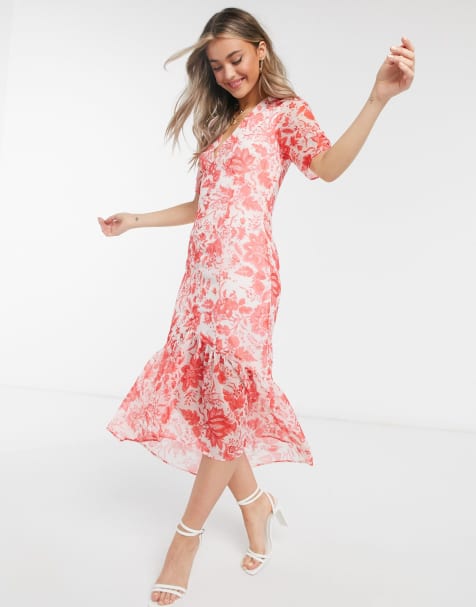 Hope & Ivy button front midaxi dress with ruffle hem in red floral