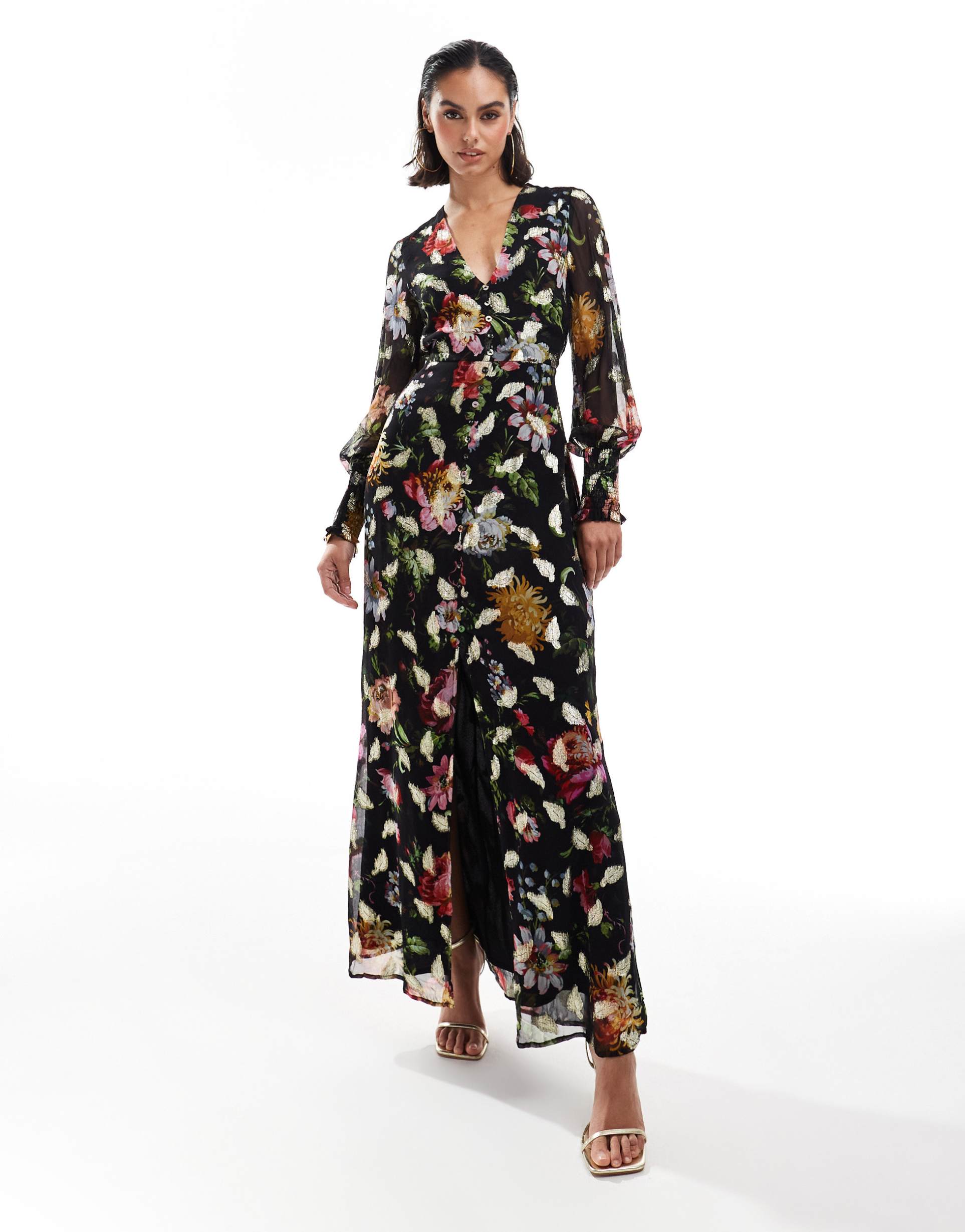 hope & ivy button front midaxi dress with tie back in black based floral with gold fleck