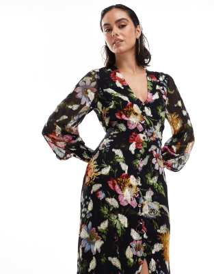 hope & ivy button front midaxi dress with tie back in black based floral with gold fleck