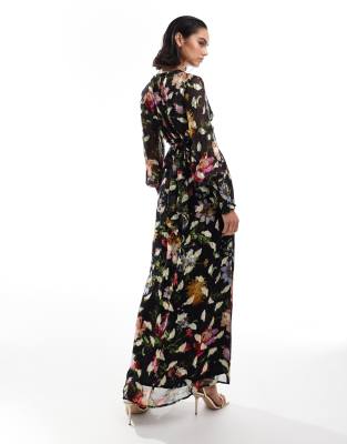 hope & ivy button front midaxi dress with tie back in black based floral with gold fleck