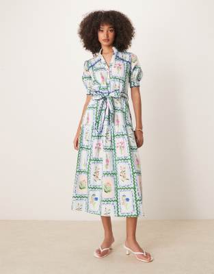 Hope & Ivy Button Front Midi Dress With Tiered Skirt And Tie Waist In Blue