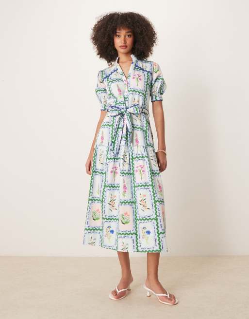 tiered skirt midi dress Baltic Born Womens Lena Tiered Midi Dress | Navy + Gold Floral