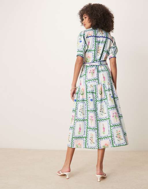 Hope & Ivy button front midi dress with tiered skirt and tie waist in multi, 3 of 4