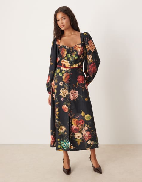 Hope & Ivy button front midi tea dress with open back in teal floral - view 1