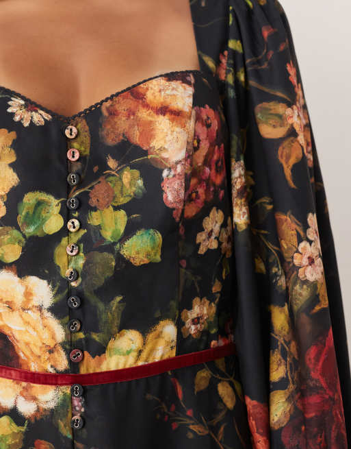 Hope & Ivy button front midi tea dress with open back in teal floral, 2 of 4