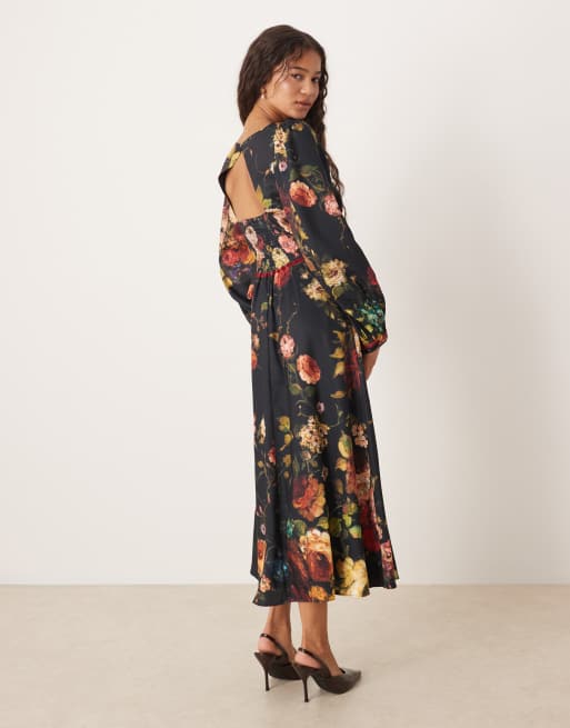 Hope & Ivy button front midi tea dress with open back in teal floral, 3 of 4