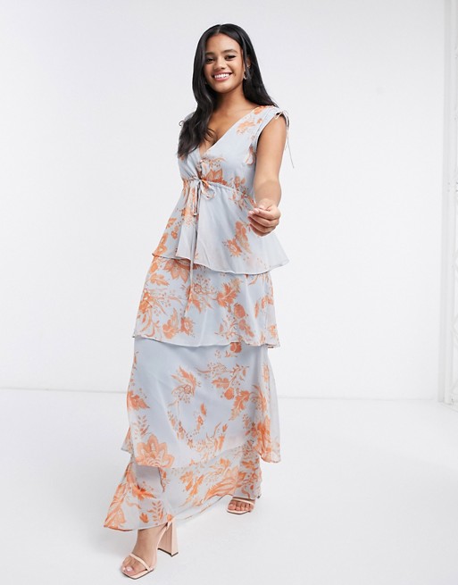 Hope & Ivy button front tiered maxi dress with tie waist in blue and orange floral