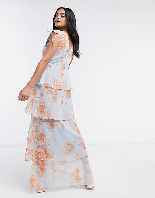  Hope & Ivy button front tiered maxi dress with tie waist in blue and orange floral 