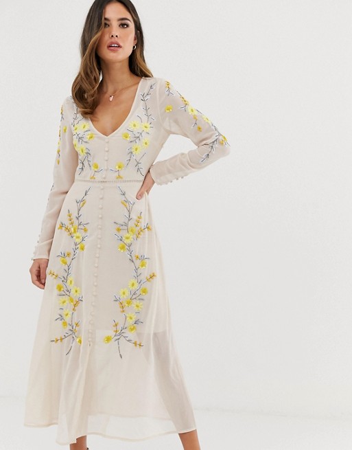 Hope & Ivy button through floral embellished midaxi dress in cream