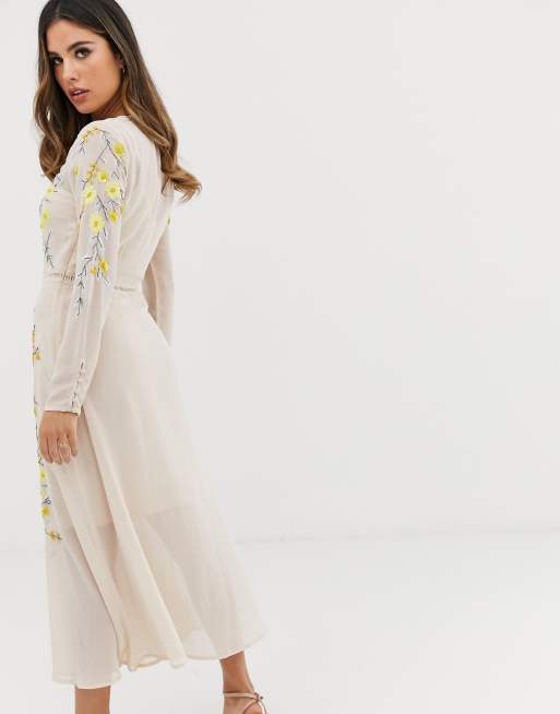 Hope & ivy button through shop floral embellished midaxi dress in cream