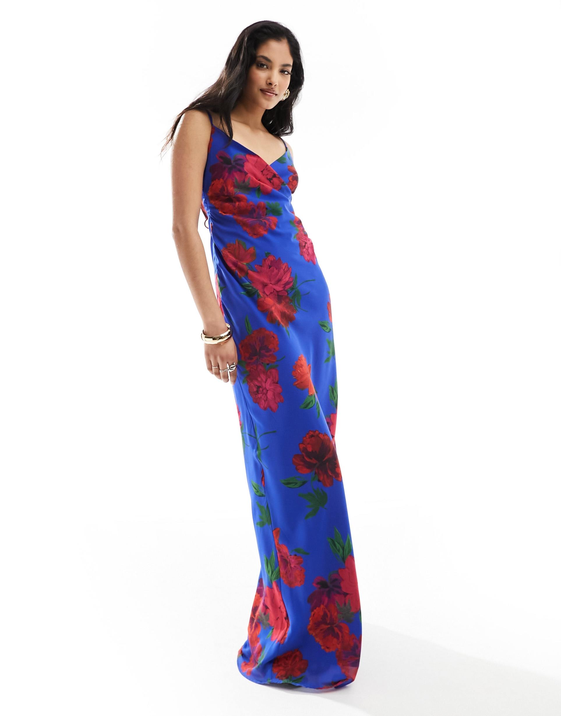 hope & ivy cami maxi slip dress in bold blue floral