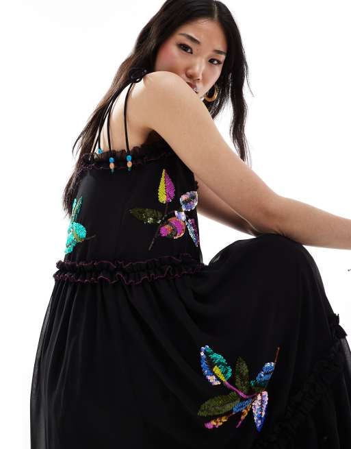 Hope & Ivy cami smock midi dress with embellishment in black, 3 of 4