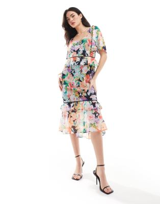 cape sleeve ruffle midi dress in multi floral