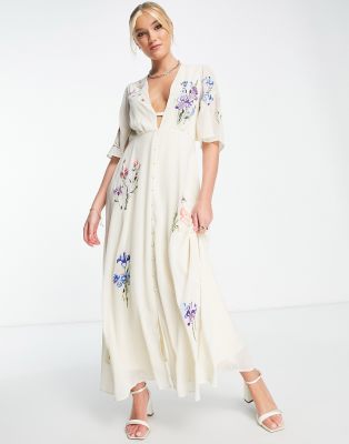 Hope & Ivy Carmen embroidered midi dress in cream - ASOS Price Checker