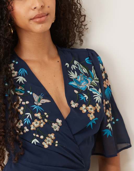 Hope & Ivy chiffon floral embroidered wrap tie side midaxi dress in navy, 2 of 4