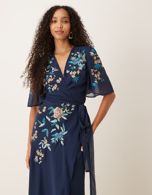 Hope & Ivy chiffon floral embroidered wrap tie side midaxi dress in navy, 3 of 4