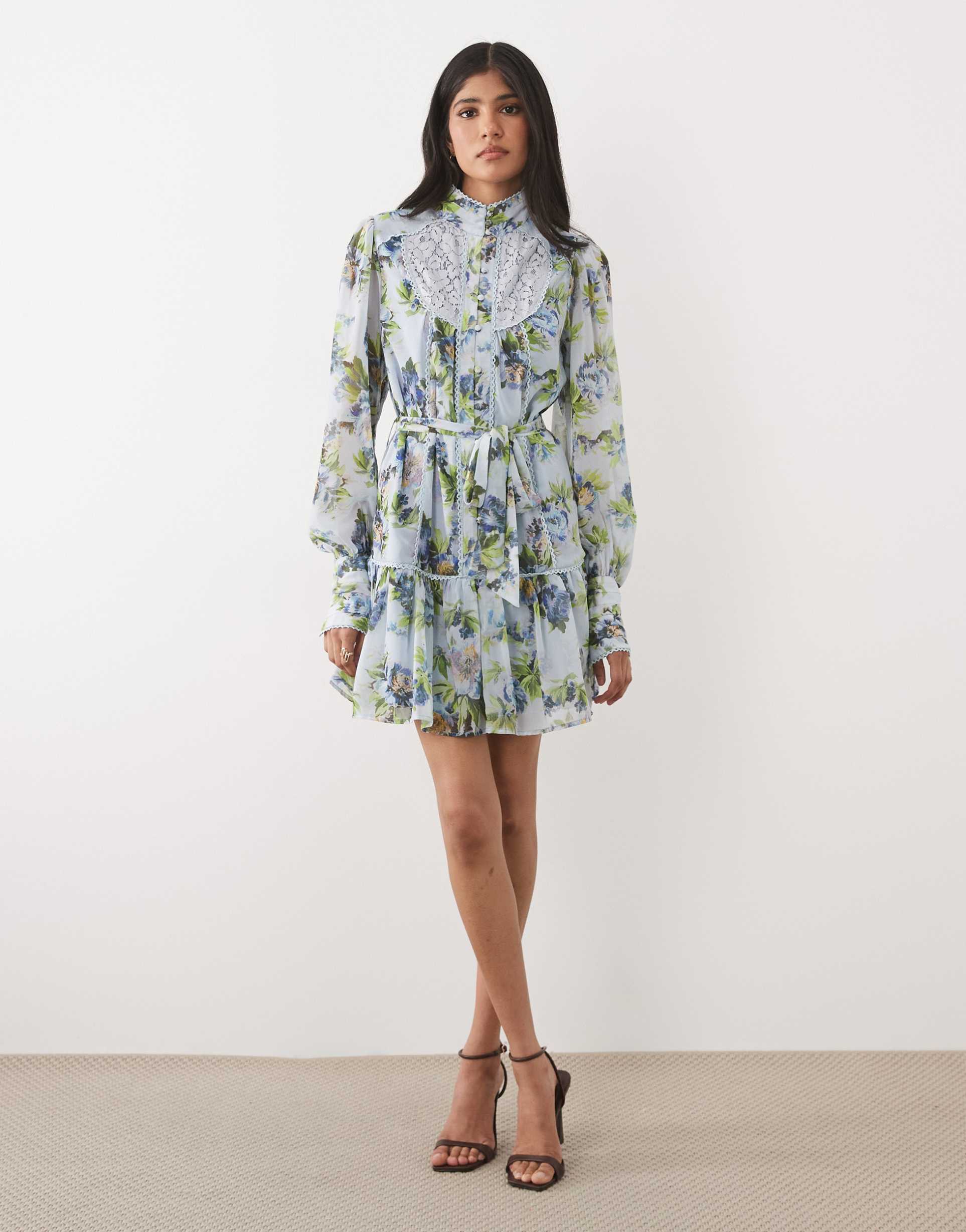 hope & ivy chiffon high neck balloon sleeve dropped waist mini dress in light blue floral