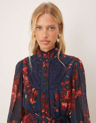 Hope & Ivy Chiffon High Neck Balloon Sleeve Dropped Waist Mini Dress In Multi