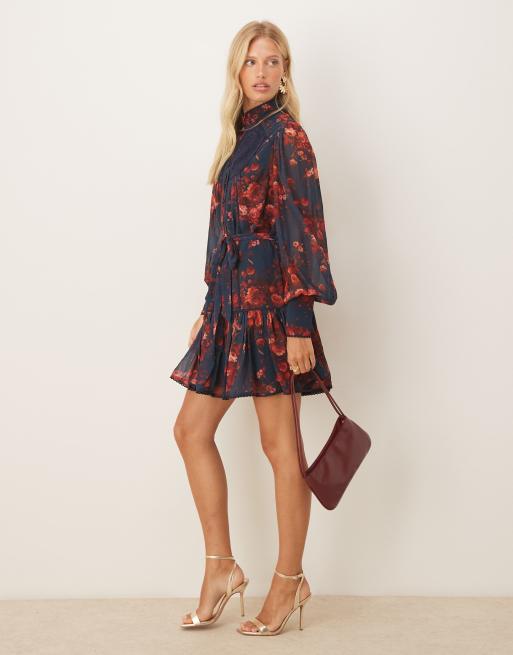 Hope & Ivy chiffon high neck balloon sleeve dropped waist mini dress in  navy and red floral | ASOS