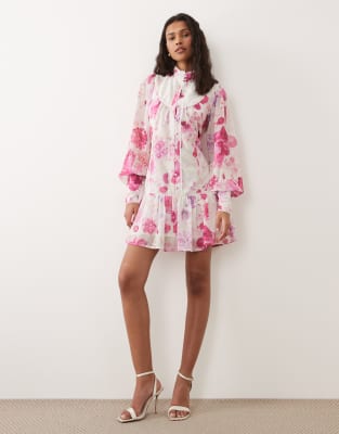 Hope & Ivy chiffon high neck balloon sleeve dropped waist mini dress in pink flo