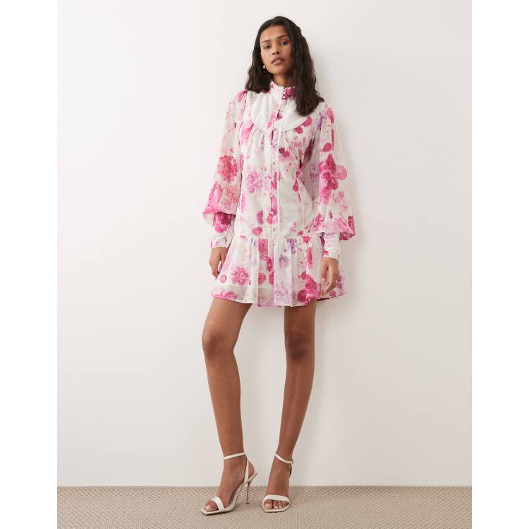 Hope & Ivy chiffon high neck balloon sleeve dropped waist mini