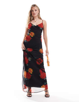 Hope & Ivy Chiffon Maxi Cami Dress In Dark Base Floral-multi