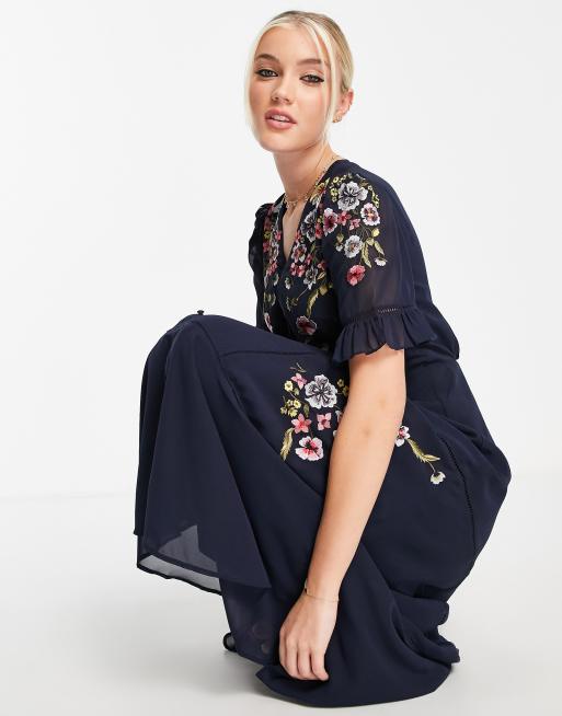 Hope & Ivy Maternity embroidered open back midi dress in navy