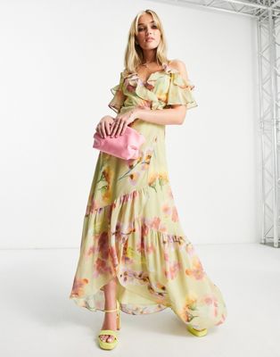 Hope & Ivy cold shoulder ruffle maxi dress in sage floral