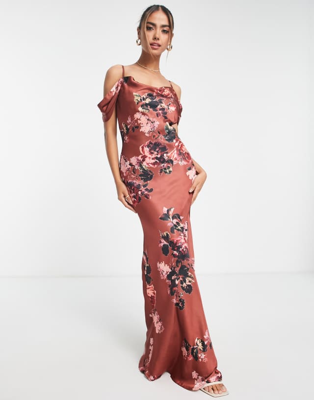 Hope & Ivy cold shoulder satin maxi dress in autumn floral