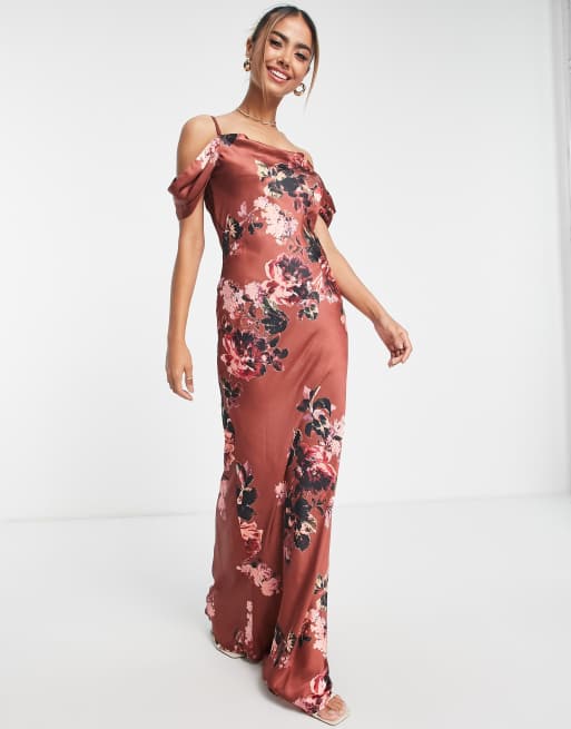 Hope Ivy cold shoulder satin maxi dress in autumn floral ASOS